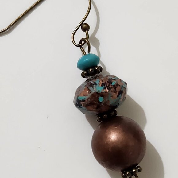 Hand Crafted Pierced Bead Earrings Turquoise Bronze Dangle Drop - Picture 4 of 5